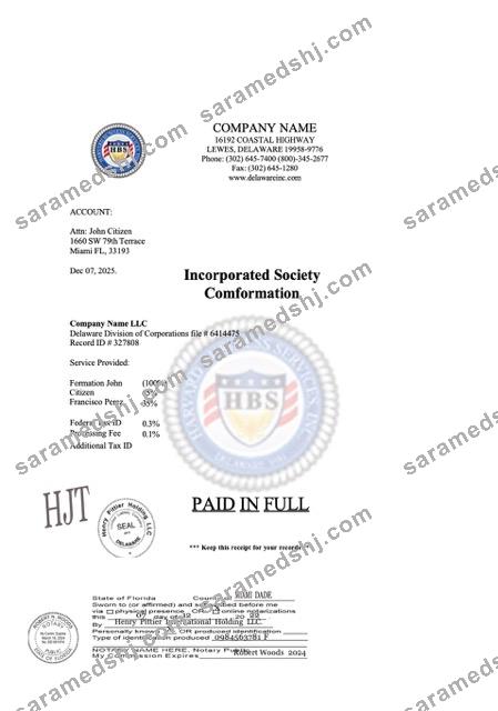 USA Florida incorporated society comformation Word and PDF template